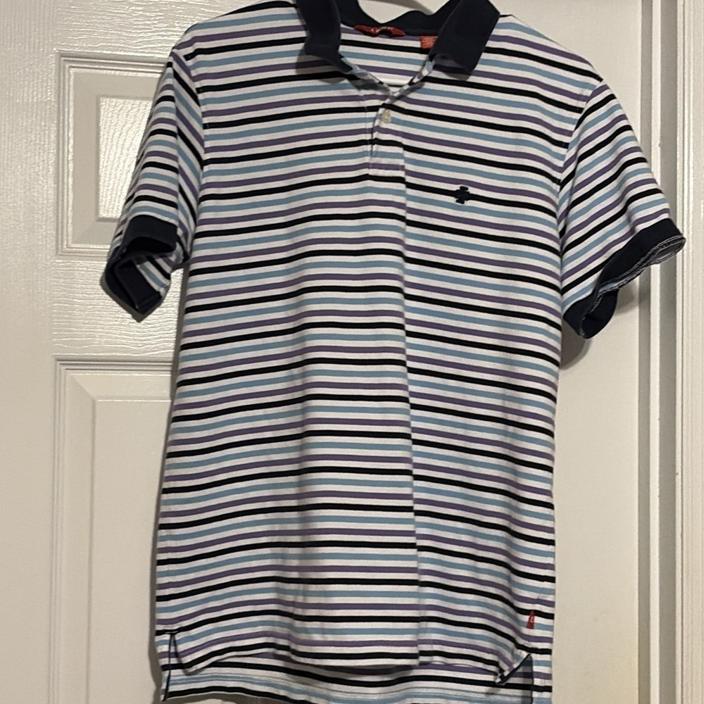 Men's Izod Polo Shirt Size Large Mens Polo, Purple, Navy Light Blue Stripes Sz L
